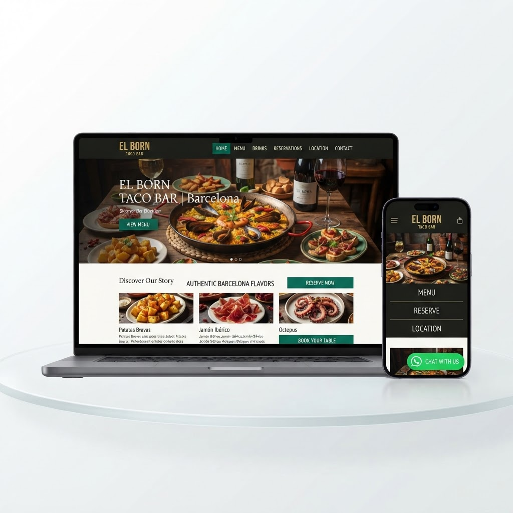 Mockup de una web para un negocio local mostrada en portátil y móvil